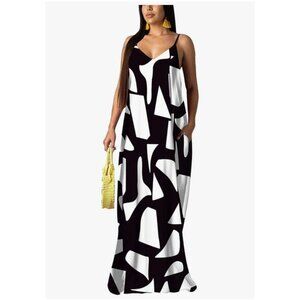 Bogurst Womens Small Casual Sleeveless Adj Strap Summer Maxi Dress Black/White